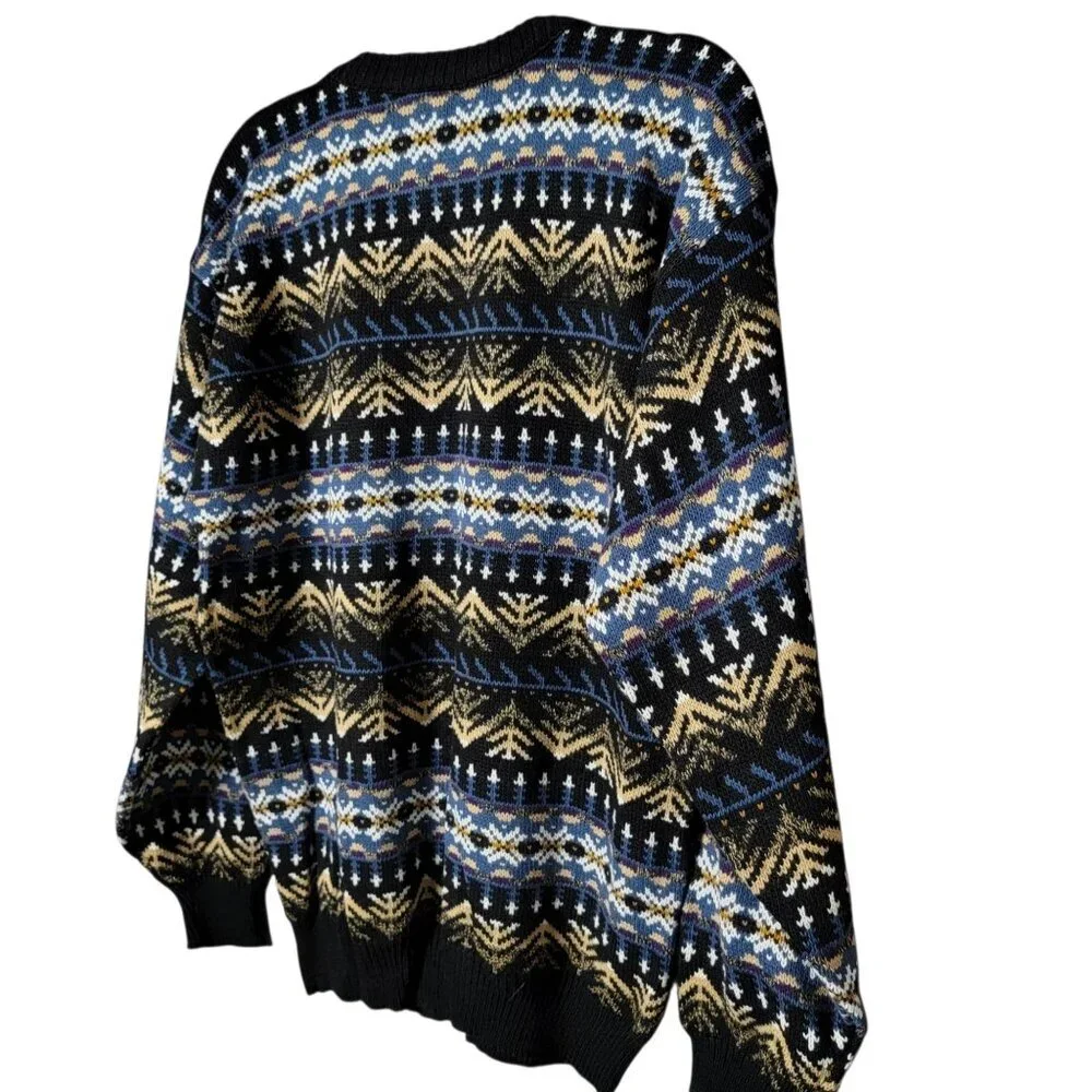 VTG Atlas Mens Blue Geometric Nordic Fair Isle Knit Crewneck Pullover Sweater XL